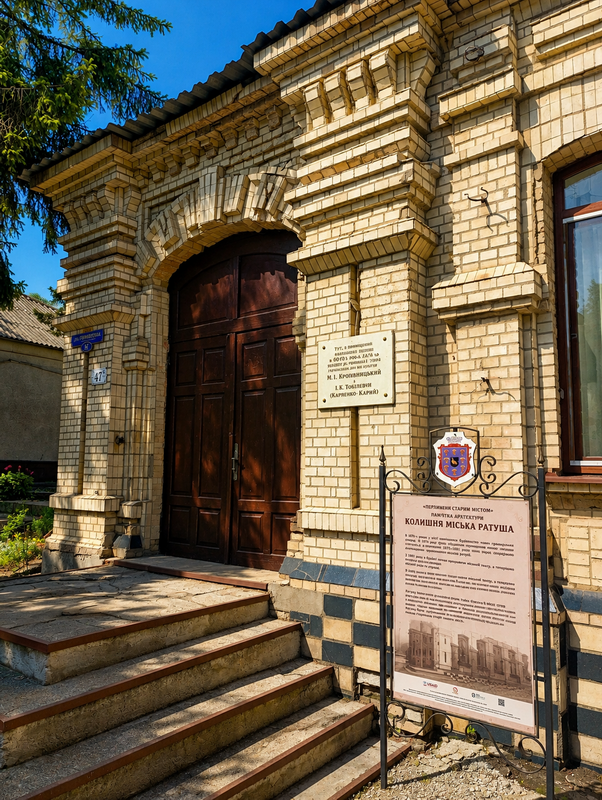 Вхід до колишньої ратуші та інформаційний стенд